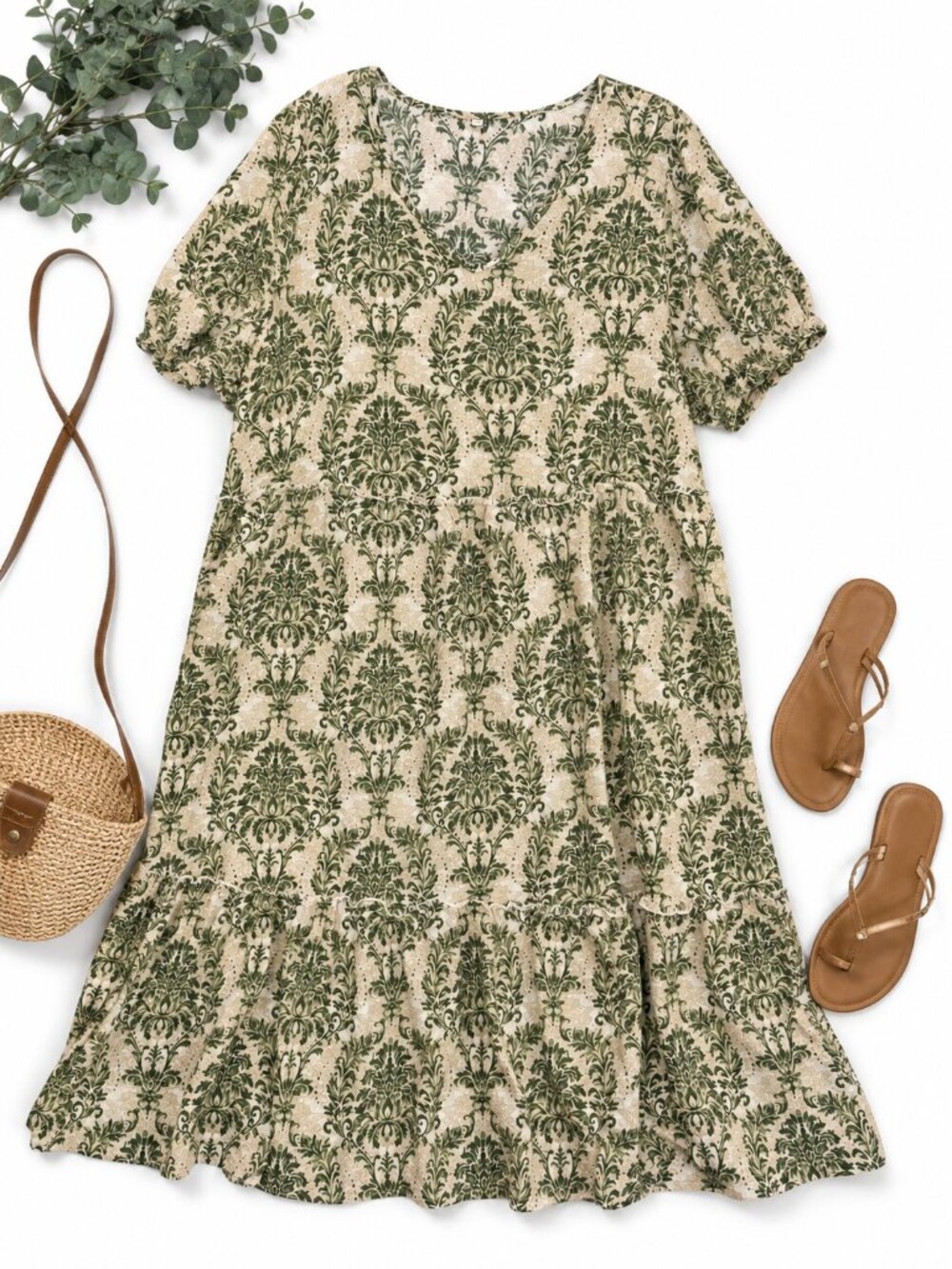 Green Cream Damask Floral Tiered Midi Dress Plus Size 2X Cottagecore Boho
